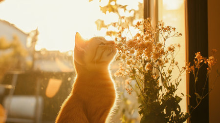 A charming cat basking in warm evening sunlight near blooming flowers. This serene scene captures the beauty of nature and pet companionship.の素材