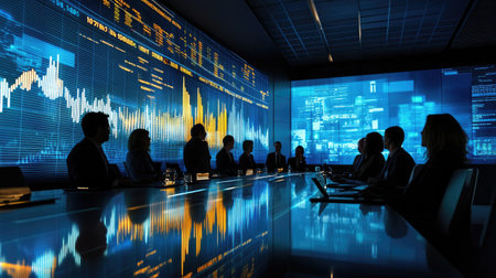 A dynamic business meeting in progress featuring a diverse group of professionals engaged in discussion while large digital screens display data and analytics.の素材