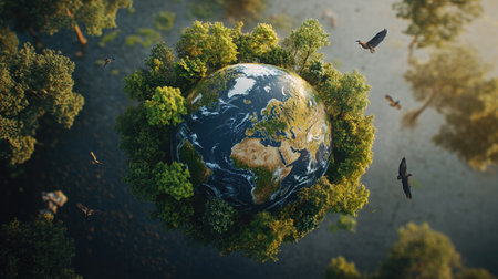 This stunning 3D representation features a globe surrounded by lush trees, highlighting the beauty and importance of nature and environmental conservation.の素材