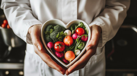 A close-up view of hands gently holding a heart-shaped bowl filled with fresh vegetables, showcasing the care and love for healthy nutrition and cooking.の素材