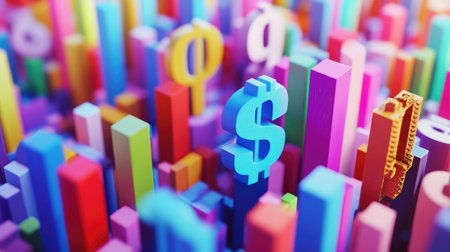 This colorful 3D representation features vibrant elements that symbolize international finance and growth, perfect for business and creative projects.の素材