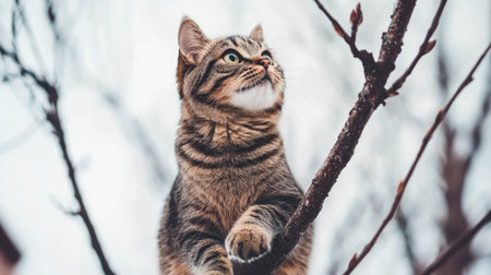 A charming domestic cat explores a tree branch in a serene winter landscape. The curious feline gazes into the distance, embodying playfulness and tranquility.の素材