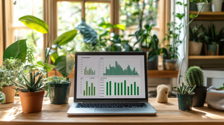 This cozy workspace features a laptop displaying data charts surrounded by an array of lush plants, bathed in warm natural light, perfect for productivity and creativity.の素材