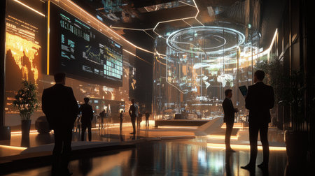 Explore a dynamic 3D abstract environment featuring futuristic design elements, sleek architecture, and illuminated data displays in a high-tech atmosphere.の素材