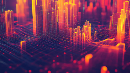 Explore a vibrant and dynamic 3D visualization representing capital flow in a futuristic style, showcasing intricate data patterns and abstract structures.の素材