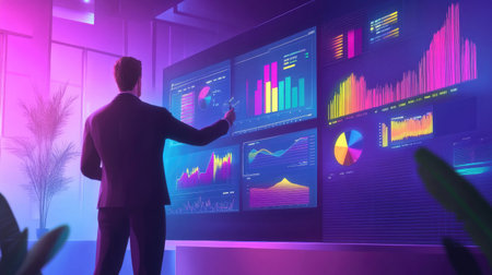 A modern workspace showcasing a dynamic financial presentation. A professional engages with vibrant data visualizations on screens, illustrating key metrics and trends.の素材