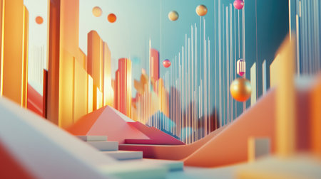 Explore a serene and colorful 3D environment representing financial growth. This abstract scene features vibrant shapes and spheres, showcasing innovation and creativity.の素材