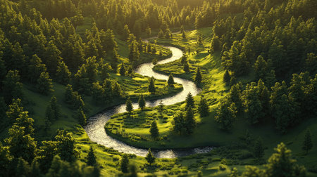 Explore a stunning 3D landscape featuring a winding river surrounded by lush green forests. This serene scene captures the beauty of nature and tranquility.の素材