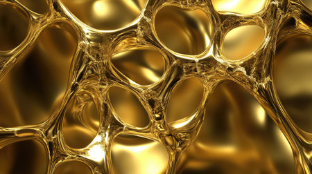 Explore a vibrant golden surface with a luxurious, glowing 3D texture. This abstract design showcases smooth shapes and intricate details, perfect for artistic projects.の素材