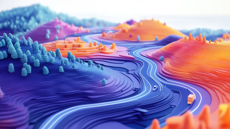 Explore a dynamic 3D landscape visualization representing capital movement. This colorful and artistic illustration showcases a vibrant terrain with flowing roads and vehicles.の素材