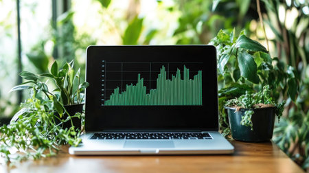Discover a serene workspace showcasing a laptop surrounded by lush plants. This tranquil setting combines nature with technology, enhancing productivity and relaxation.の素材