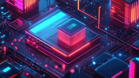 This futuristic 3D representation showcases a digital bank environment with vibrant neon colors and intricate electronic circuits, symbolizing innovation in finance.の素材