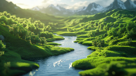 A serene 3D landscape featuring a flowing river winding through lush greenery, surrounded by mountains under soft sunlight. Perfect for nature lovers.の素材