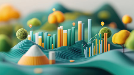 Explore a serene 3D landscape portraying financial data through vibrant colors and organic shapes, combining nature and modern design elements for a unique visual experience.の素材
