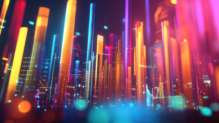 This vibrant abstract image illustrates the concept of economic growth through colorful bars and lights, representing data visualization in a modern business context.の素材