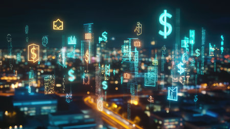 Explore a vibrant 3D landscape featuring floating currency symbols against a glowing city backdrop, ideal for showcasing modern technology and financial concepts.の素材