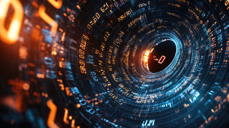 Explore a mesmerizing digital vortex of swirling financial numbers, showcasing a dynamic interplay of data and technology in a visually striking representation.の素材