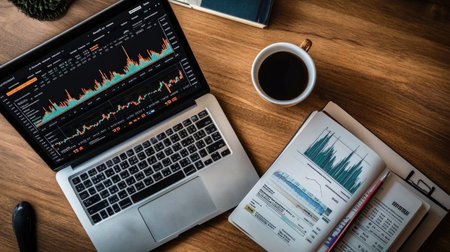 A busy desk featuring a laptop with analytics graphs, a cup of coffee, and open documents creates an inspiring workspace for productivity and organization.の素材