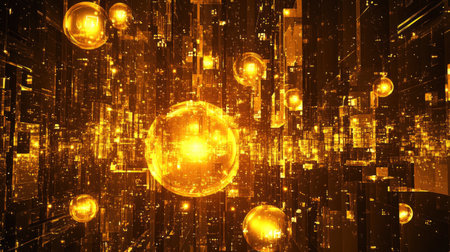 Experience a captivating visual of glowing golden spheres arranged in a mesmerizing digital landscape, perfect for enhancing any creative project with a touch of elegance.の素材
