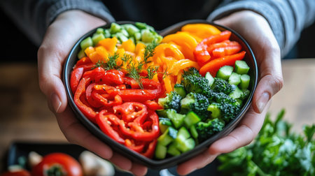 A heart-shaped dish filled with fresh, vibrant vegetables, symbolizing healthy eating and nutrition. Perfect for promoting a balanced lifestyle and artistic presentation.の素材