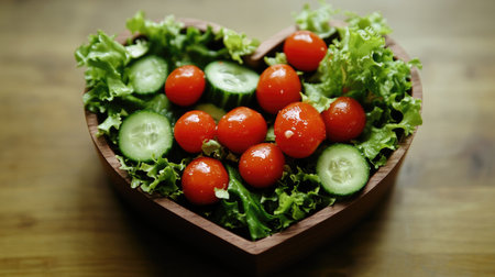 A heart-shaped wooden dish filled with a vibrant fresh salad featuring crisp greens, ripe tomatoes, and refreshing cucumbers, perfect for healthy meals.の素材