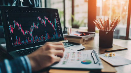 A serene office environment featuring a laptop displaying financial data. The image captures a workspace filled with stationery and natural light, perfect for productivity.の素材