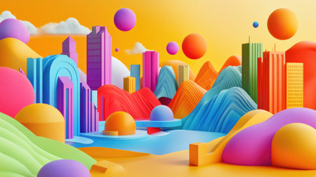 A vibrant and colorful 3D representation highlighting a diverse investment landscape, showcasing bold structures and playful shapes in a lively setting.の素材