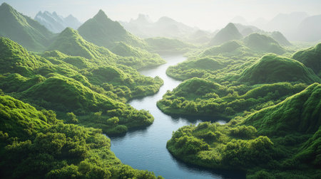 This serene 3D landscape features a winding river flowing through lush green hills. A tranquil and beautiful view, perfect for nature enthusiasts.の素材