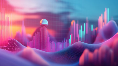 Explore a vibrant 3D visualization showcasing economic indicators through colorful graphs and abstract shapes, highlighting trends and data analysis.の素材