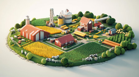 Explore a vibrant 3D representation of a sustainable farm, showcasing diverse crops, animals, and eco-friendly practices in a beautifully designed landscape.の素材