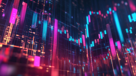 Explore a vibrant abstract 3D atmosphere filled with colorful elements, featuring dynamic patterns and bright lights that create an engaging visual experience.の素材