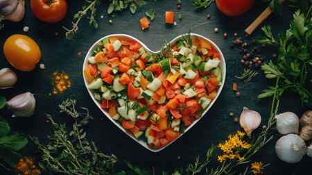 A heart-shaped plate of fresh, colorful salad viewed from above, showcasing vibrant vegetables and herbs, perfect for healthy dining and rustic cuisine.の素材