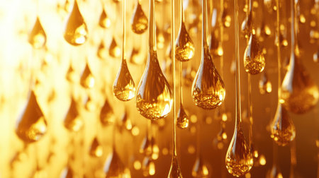 Experience the beauty of golden droplets in a stunning 3D composition. This image captures the interplay of light and liquid, creating a captivating and warm ambiance.の素材