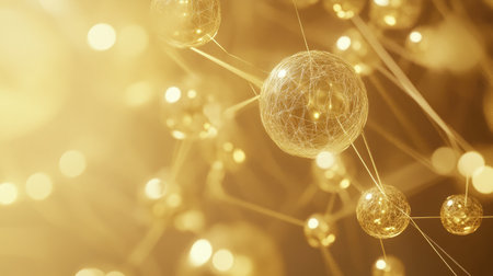 Explore a captivating abstract composition featuring glowing golden spheres interconnected by delicate lines, creating a warm and luxurious atmosphere perfect for modern design projects.の素材