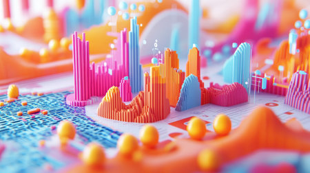 Explore a vibrant 3D visualization that represents economic growth. This colorful design showcases data analysis through abstract shapes and modern aesthetics.の素材
