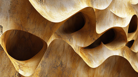 Explore a captivating abstract composition featuring smooth 3D shapes with a stunning metallic gold finish, perfect for modern design projects and artistic expressions.の素材