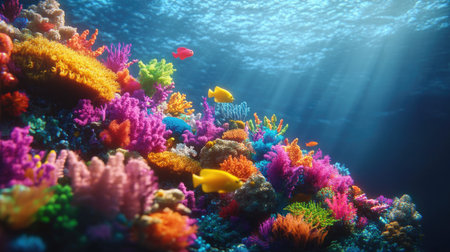 Experience the vivid beauty of a 3D coral reef teeming with colorful marine life. Sunlit underwater landscape showcases the splendor of ocean ecosystems.の素材