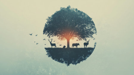 This artistic image features abstract geometric shapes that encompass nature elements, highlighting a serene scene with a tree and silhouettes of animals, perfect for creative projects.の素材