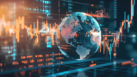 This abstract 3D globe is surrounded by floating financial data visualizations, showcasing modern technology and global economic connections in a vibrant design.の素材