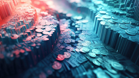 Explore a vivid abstract 3D landscape featuring currency notes, showcasing vibrant colors and intricate details for a futuristic and artistic visual experience.の素材