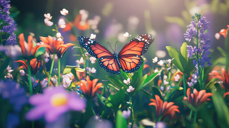 Discover vibrant butterflies fluttering gracefully among colorful flowers in a picturesque garden scene, capturing the essence of nature's beauty.の素材