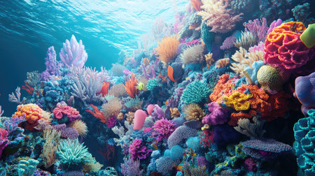 Discover a vibrant 3D depiction of a thriving coral reef, showcasing colorful corals and diverse marine life in a serene underwater environment.の素材