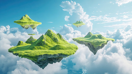 Explore this abstract 3D landscape featuring floating green hills amidst soft clouds and a bright sky, creating a serene and dreamlike atmosphere.の素材