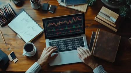 A top-down view of a busy desk featuring a laptop displaying financial charts, a coffee cup, and various stationery items, highlighting a productive workspace.の素材