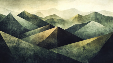 A captivating geometric abstract landscape featuring layered mountains, rich textures, and subtle color gradients. Ideal for modern decor or artistic projects.の素材