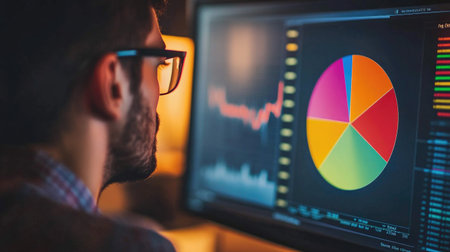A focused investor is studying a colorful pie chart on a computer screen, analyzing data insights for informed decision-making in finance and investments.の素材