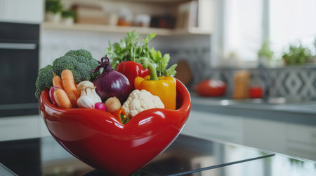 A vibrant heart-shaped bowl filled with fresh vegetables in a modern kitchen setting. Perfect for showcasing healthy and colorful meal options.の素材