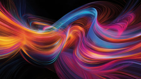 Vibrant abstract representation showcasing flowing curves and luminous colors. Perfect for themes of technology, digital transactions, and modern design concepts.の素材