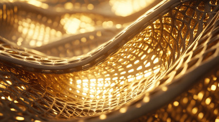 This dynamic golden meshwork presents interlocking 3D elements that create a stunning visual effect, showcasing light patterns and elegant curves. Perfect for artistic designs.の素材
