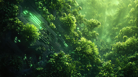 Immerse yourself in a lush and ethereal landscape where vibrant green plants meet elements of technology, creating a unique harmony between nature and innovation.の素材